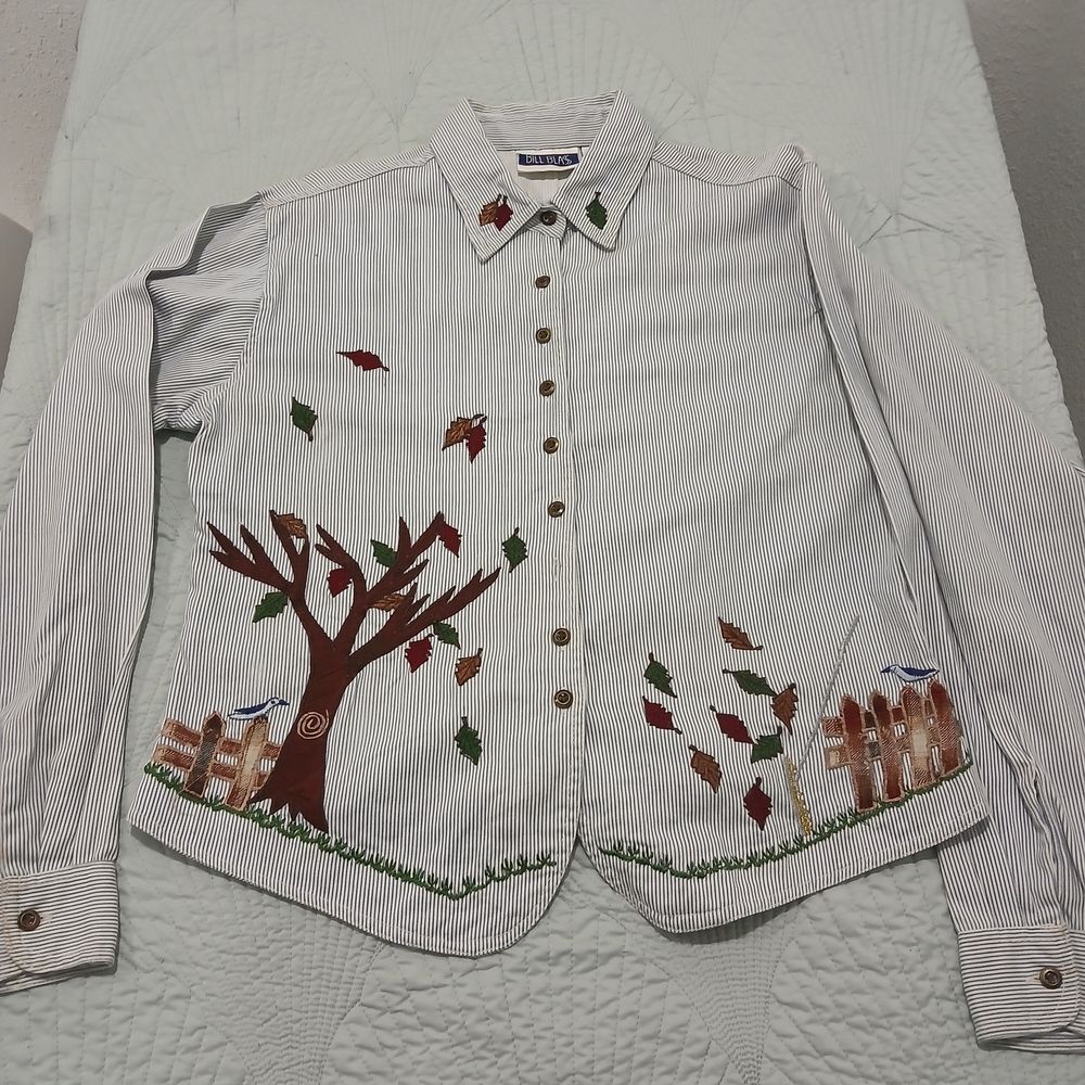 Striped Button-Up Shirt with Tree and Leaf Embroidery